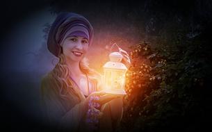 woman with a lantern in the fog