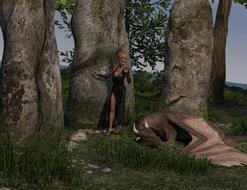 mystical image of a girl and a sleeping dragon in the forest