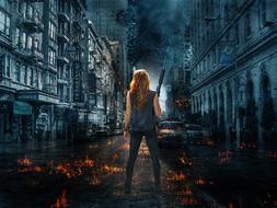 woman in apocalyptic city