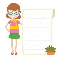 Clipart of the teacher with colorful clothing, near the paper and plant