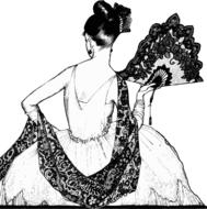painted girl in a vintage dress with a fan