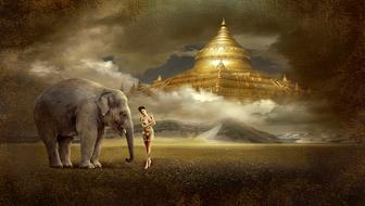 mystical image of a girl and an elephant against the background of a golden Buddhist temple