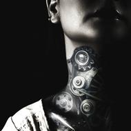 photo of a girl's neck with gear tattoos