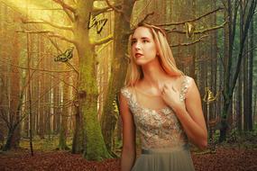 Portrait of the blonde girl, in dress, among the colorful and beautiful trees of the forest, in sunlight, clipart