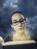 photo of a girl reading a book and a butterfly with magic pollen