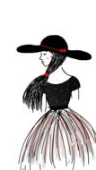 girl with black long hair wearing wide hat, drawing