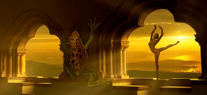 dancer and frog in fantasy landscape