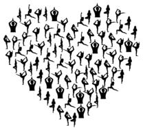 Black and white drawing of a lot of human silhouettes doing yoga in heart shape