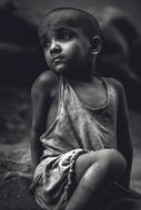 black white portrait of a poor dirty child