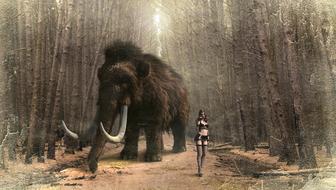 Fantasy, Mammoth and sexy Woman on path in forest