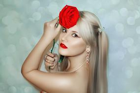 blonde with long hair and red rose