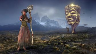 shaman in front of golden female head in Mystical Landscape, Fantasy, digital art