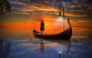Woman with umbrella standing in boat on water at dusk, collage