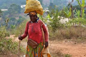 mature african Woman with load on head walking with stick, cameroun