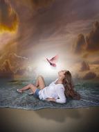 young girl laying on beach on surf line, collage