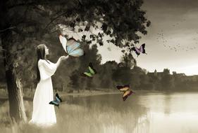 woman with butterflies at lake, collage