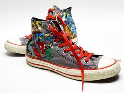 keds with super hero print and red lacing