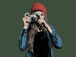Colorful drawing of the girl in red hat, taking a photo on the camera, clipart