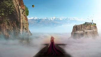woman in a long dress in a mystical scenic landscape