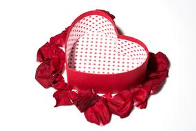 rose petals around Heart shape gift box