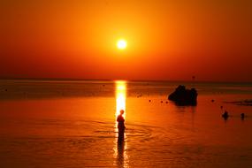 woman stands on the line of the sun against the background of an orange sunset