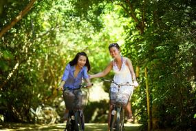 Smiling girls, riding on the bikes, among the beautiful, green trees, in sunlight