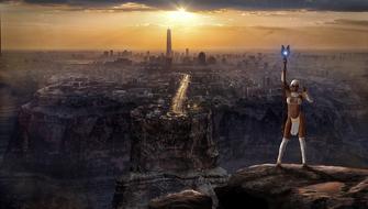 female wizard on rock in view of city, digital art, fantasy
