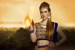 fantasy woman with flame in hand, digital art
