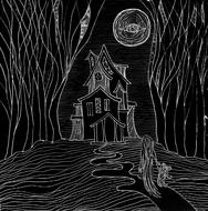 Beautiful, black and white, Gothic drawing of the person, walking on the path, among the trees, near the house, under the Moon