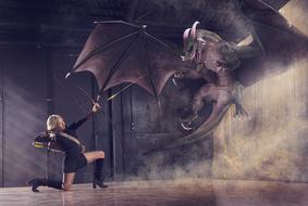 3d model of the beautiful woman with the bow, with the dragon, among the mist, clipart