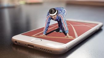 Woman, preparing to run on the track, in the white Iphone, clipart