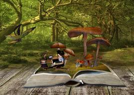 Girl on the beautiful and colorful field with the mushrooms on the book, among the colorful and beautiful forest, clipart