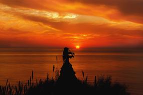 Black silhouette of the girl, playing on the violin, on the coast, at beautiful and colorful sunset