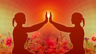 Silhouette Woman Meditation red flowers