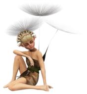 fee, young girl with parachute seeds on back sitting, render