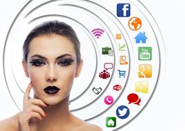 female face in front of social media icons