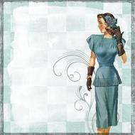 young lady in vintage clothing at retro pattern, drawing