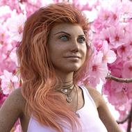 girl on a background of pink flowers