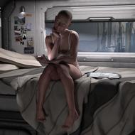 bald woman is sitting on bed at space station