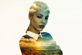 Portrait of the beautiful woman, with the double exposure, with the beautiful and colorful landscape, with the clouds, clipart