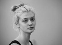serious Young long neck Woman, black and white portrait