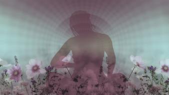 flowers and silhouette of woman in meditation, collage
