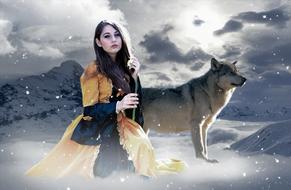 Gothic Fantasy, young girl and wolf in wllderness at winter