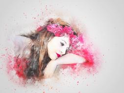 Drawing of the girl in the colorful flower wreath at white background