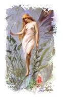 winged girl walking on flowers, art nouveau drawing