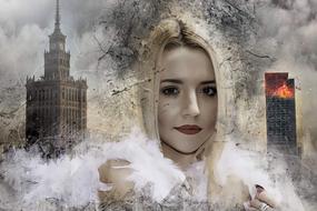 Fantasy Portrait of young Woman in front of burning skyscraper