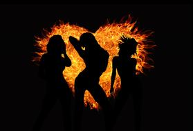 three girls silhouettes at flaming heart