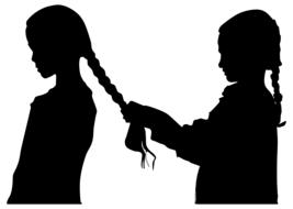 child girl braiding her friendâs hair, silhouette, vintage drawing