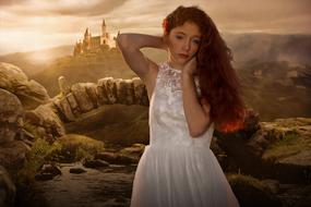 young long haired girl in white dress at medieval castle, collage