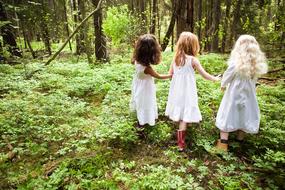 three child girls in white dresses walking away in forest